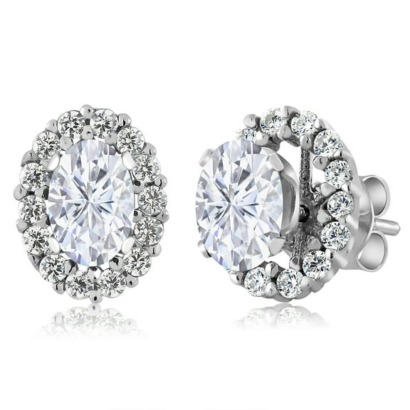 Gem Stone King 925 Sterling Silver White Moissanite Stud Earrings with Removable Jackets for Women (1.36 Cttw, Gemstone Birthstone, Oval 6X4MM)