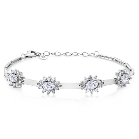 Gem Stone King 925 Sterling Silver White Moissanite and White Created Sapphire Bracelet for Women (3.60 Cttw, Gemstone, Oval 6X4MM, 7 inch + 1 inch Extender)