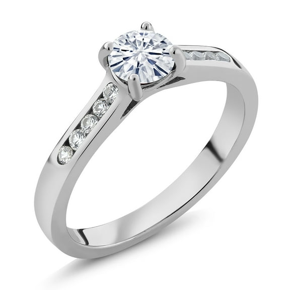 Gem Stone King 925 Sterling Silver White Moissanite and White Created Sapphire Engagement Ring for Women | 0.60 Cttw | Round 5MM | Gemstone Birthstone | Size 7