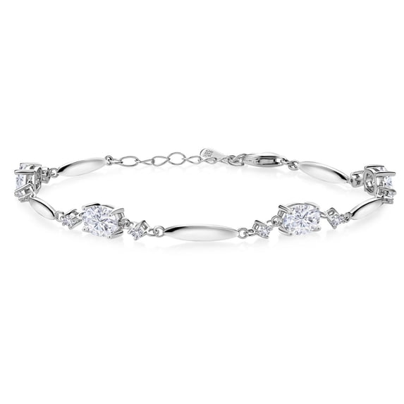 Gem Stone King 925 Sterling Silver White Moissanite and White Created Sapphire Tennis Bracelet for Women | 3.92 Cttw | Gemstone | Oval 7X5MM | 6 inch + 1 inch Extender