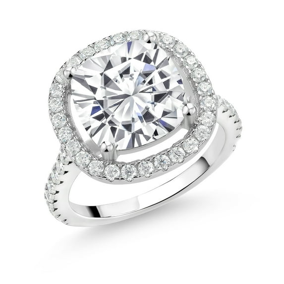Gem Stone King 925 Sterling Silver White Moissanite Women Engagement Ring (5.69 Cttw, Cushion Cut 10MM, Available in Size 5, 6, 7, 8, 9)