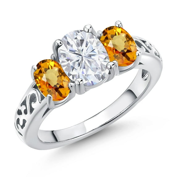 Gem Stone King 925 Sterling Silver White Moissanite and Yellow Sapphire Filigree Style 3 Stone Ring for Women (2.73 Cttw, Oval 8X6MM and 6X4MM) (Size 9)