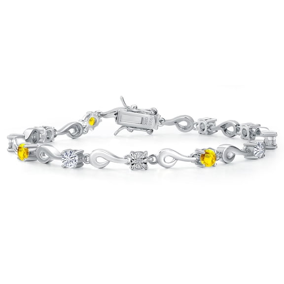 Gem Stone King 925 Sterling Silver White Moissanite and Yellow Sapphire and White Lab Grown Diamond Bracelet for Women (2.61 Cttw, Gemstone Birthstone, Round 4MM, 7.5 inch)