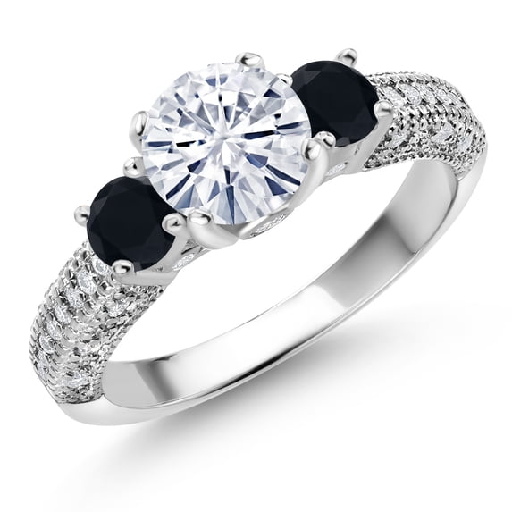 Gem Stone King 925 Sterling Silver White Moissanite and Black Onyx Engagement Ring for Women (1.72 Cttw, Gemstone, Round 7MM and 4MM, Size 6)
