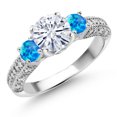 thumbnail image 1 of Gem Stone King 925 Sterling Silver White Moissanite and Blue Opal Engagement Ring for Women (1.78 Cttw, Gemstone, Round 7MM and 4MM, Size 7), 1 of 3