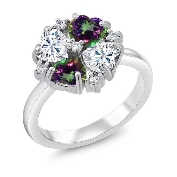 Gem Stone King 925 Sterling Silver White Moissanite and Green Mystic Topaz Ring for Women (2.12 Cttw, Heart Shape 5MM, Gemstone Birthstone, Size 8)