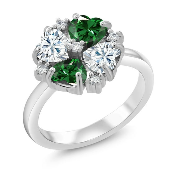 Gem Stone King 925 Sterling Silver White Moissanite and Green Nano Emerald Ring for Women (1.92 Cttw, Heart Shape 5MM, Gemstone Birthstone, Size 9)