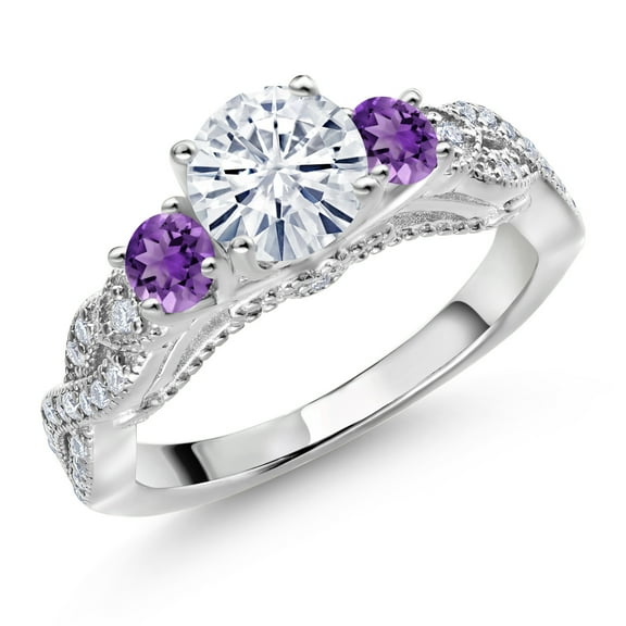 Gem Stone King 925 Sterling Silver White Moissanite and Purple Amethyst Engagement Ring for Women (1.27 Cttw, Gemstone, Round 6MM and 3MM)(Size 8)
