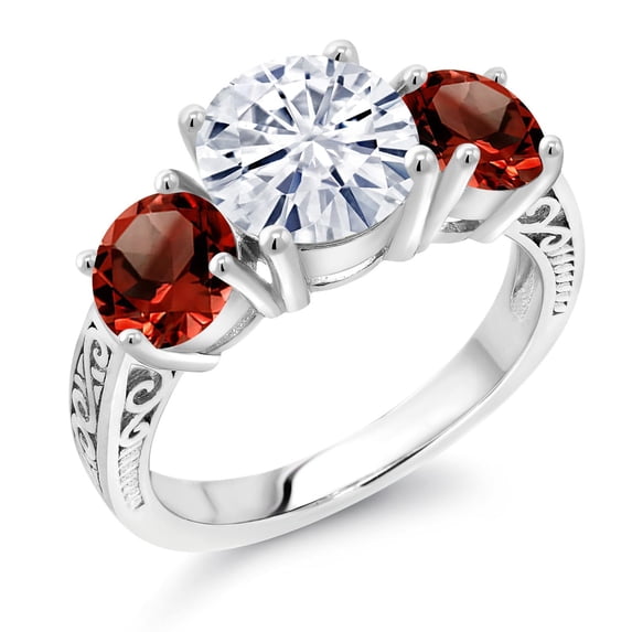 Gem Stone King 925 Sterling Silver White Moissanite and Red Garnet 3-Stone Engagement Ring for Women | 3.90 Cttw | Round 8MM | Gemstone Birthstone (Size 6)
