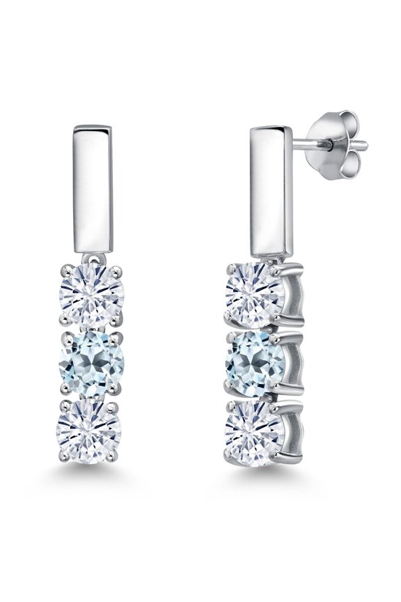 925 Sterling Silver White Moissanite and Sky Blue Topaz Drop Dangle Earrings for Women | 1.70 Cttw | Gemstone Birthstone | Round 5MM