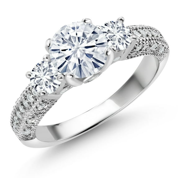Gem Stone King 925 Sterling Silver White Moissanite and White Lab Grown Diamond Engagement Ring for Women (1.82 Cttw, Gemstone, Round 7MM and 4MM, Size 6)