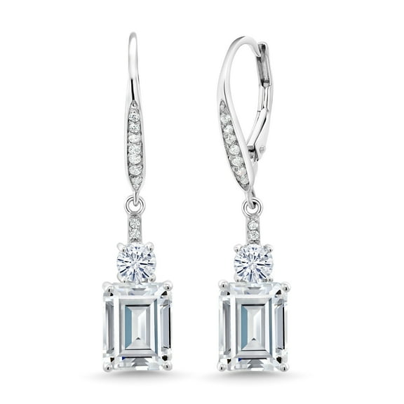 Gem Stone King 925 Sterling Silver White Moissanite and White Topaz Dangle Earrings for Women (5.72 Cttw, Gemstone Birthstone, Emerald Cut 9X7MM)