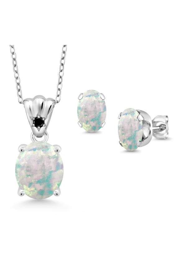 925 Sterling Silver White Opal and Black Diamond Pendant and Earrings Jewelry Set for Women (4.03 Cttw, Gemstone Birthstone, Oval Cabochon 11X9MM and 8X6MM with 18 inch Silver Chain)