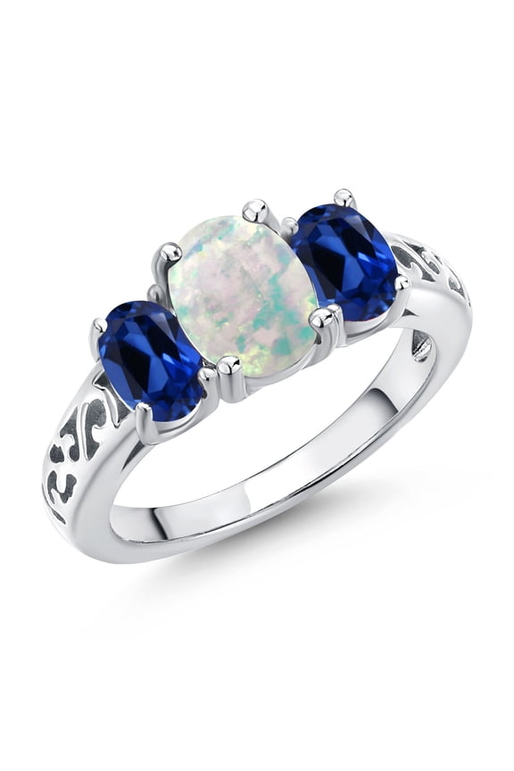 2.20 Cttw White Opal and Blue Created Sapphire Filigree Style 3-Stone Ring for Women | 925 Sterling Silver | Oval 8X6MM and 6X4MM | Wedding Engagement Anniversary Promise Ring | Size 9
