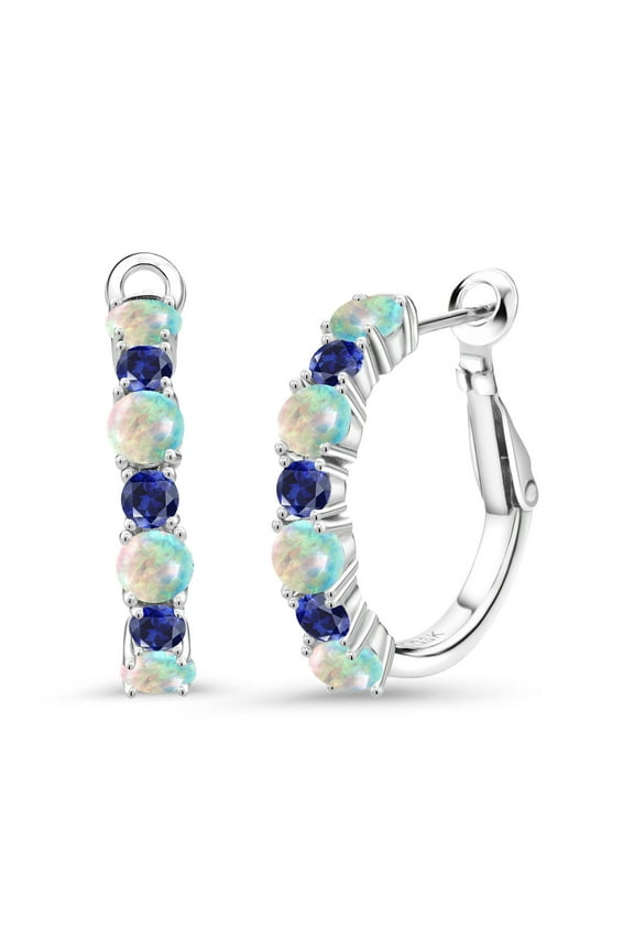 925 Sterling Silver White Opal and Blue Created Sapphire Hoop Earrings for Women (5.12 Cttw, Gemstone October Birthstone, Round Cabochon 4MM and 3MM)