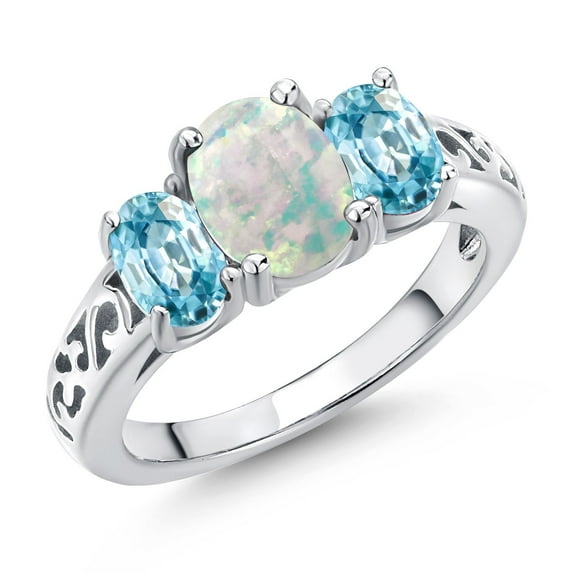 Gem Stone King 925 Sterling Silver White Opal and Blue Zircon Filigree Style 3 Stone Ring for Women (2.30 Cttw, Oval 8X6MM and 6X4MM) (Size 5)