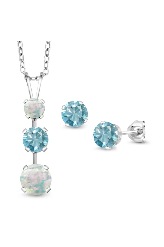 925 Sterling Silver White Opal and Blue Zircon Pendant and Earrings Jewelry Set for Women (3.10 Cttw, Gemstone October Birthstone, with 18 inch Chain)