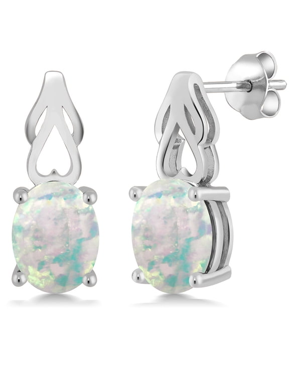 925 Sterling Silver White Opal Earrings for Women (1.20 Cttw, Gemstone October Birthstone, Oval Cabochon 9X7MM)