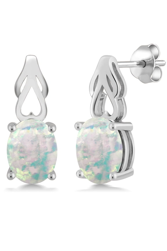 925 Sterling Silver White Opal Earrings for Women (1.20 Cttw, Gemstone October Birthstone, Oval Cabochon 9X7MM)