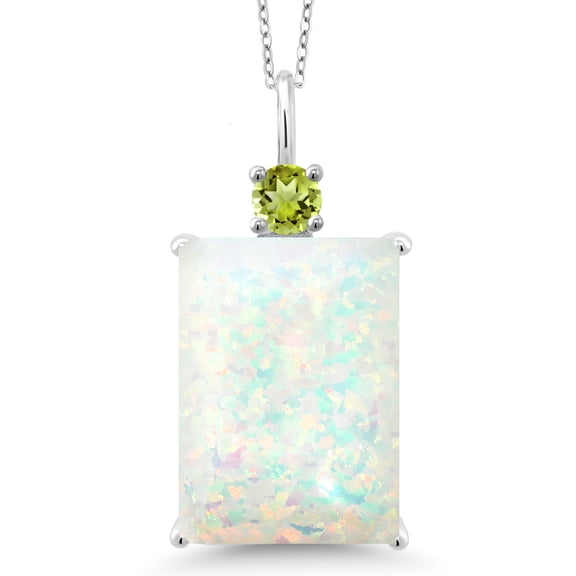 Gem Stone King 925 Sterling Silver White Opal and Green Peridot Pendant Necklace for Women (4.96 Cttw, Emerald Cut Cabochon 18X13MM, With 18 inch Silver Chain)