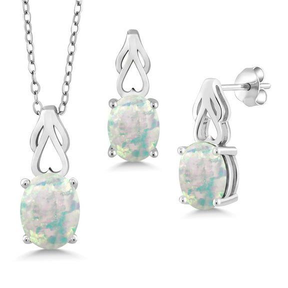 Gem Stone King 925 Sterling Silver White Opal Pendant and Earrings Jewelry Set for Women | 3.00 Cttw | Oval 9X7 | Gemstone October Birthstone | with 18 inch Chain