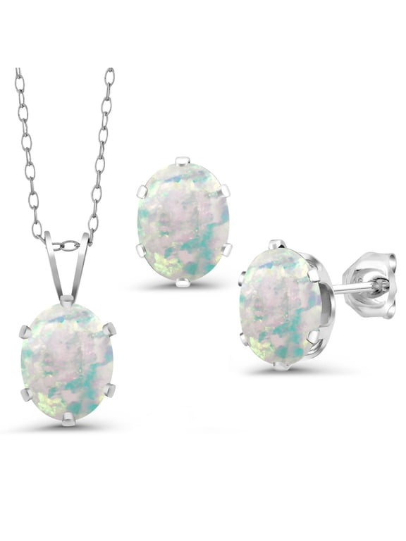 3.15 Cttw White Opal Pendant Earrings Set for Women | 925 Sterling Silver | Gemstone October Birthstone | Oval Cabochon 8X6MM | With 18 inch Chain