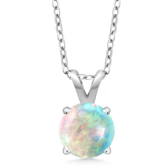 Gem Stone King 925 Sterling Silver White Opal Pendant Necklace for Women (0.30 Cttw, Gemstone October Birthstone, Round Cabochon 6MM, With 18 inch Silver Chain)