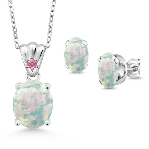 Gem Stone King 925 Sterling Silver White Opal and Pink Zirconia Pendant and Earrings Jewelry Set for Women (4.03 Cttw, Gemstone Birthstone, Oval Cabochon 11X9MM and 8X6MM with 18 inch Silver Chain)