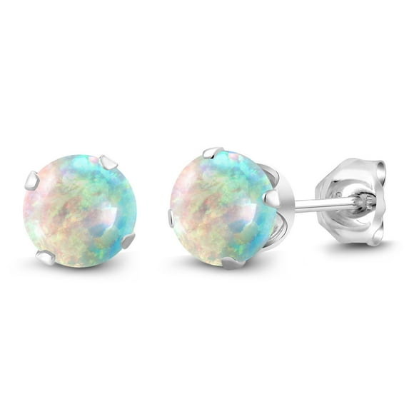 Gem Stone King 925 Sterling Silver White Opal Stud Earrings for Women Men (0.60 Cttw, Gemstone October Birthstone, Round Cabochon 6MM)