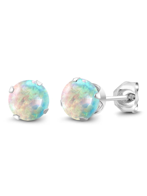925 Sterling Silver White Opal Stud Earrings for Women Men (0.60 Cttw, Gemstone Birthstone, Round Cabochon 6MM)