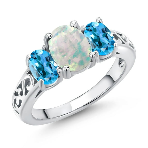 Gem Stone King 925 Sterling Silver White Opal and Swiss Blue Topaz Filigree Style 3 Stone Ring for Women (2.10 Cttw, Oval 8X6MM and 6X4MM) (Size 8)