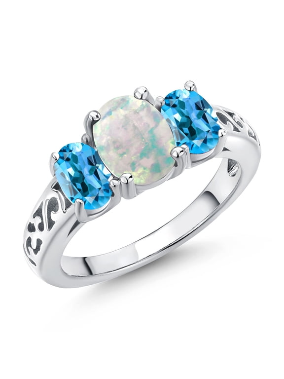 925 Sterling Silver White Opal and Swiss Blue Topaz Filigree Style 3 Stone Ring for Women (2.10 Cttw, Oval 8X6MM and 6X4MM) (Size 9)