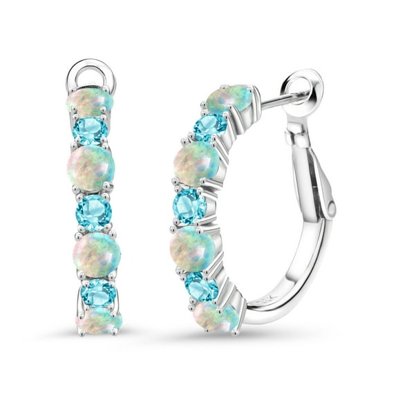 Gem Stone King 925 Sterling Silver White Opal and Swiss Blue Topaz Hoop Earrings for Women (2.90 Cttw, Gemstone October Birthstone, Round Cabochon 4MM and 3MM)