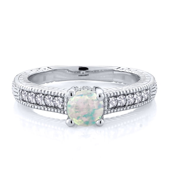 Gem Stone King 925 Sterling Silver White Opal and White Created Sapphire Women's Solitaire Ring with Accent Stones (0.65 Cttw, Round Cabochon 5MM, Size 8)