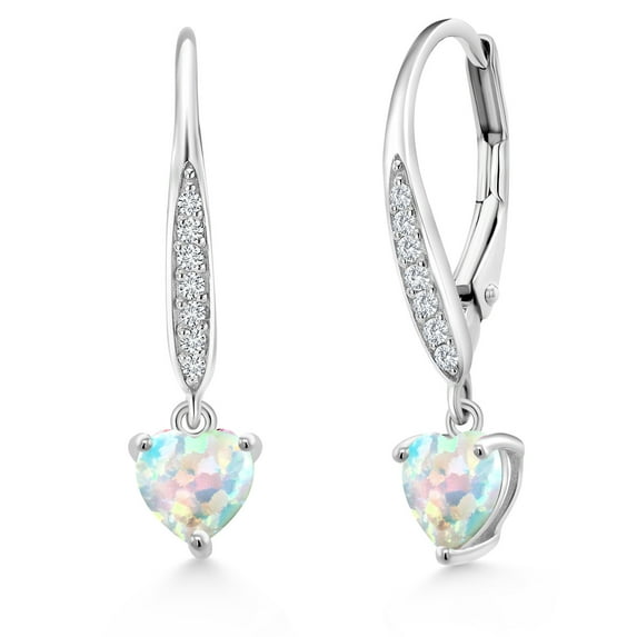 Gem Stone King 925 Sterling Silver White Opal and White Lab Grown Diamond Leverback Dangle Drop Earrings for Women (1.60 Cttw, Gemstone October Birthstone, Heart Shape 6MM)