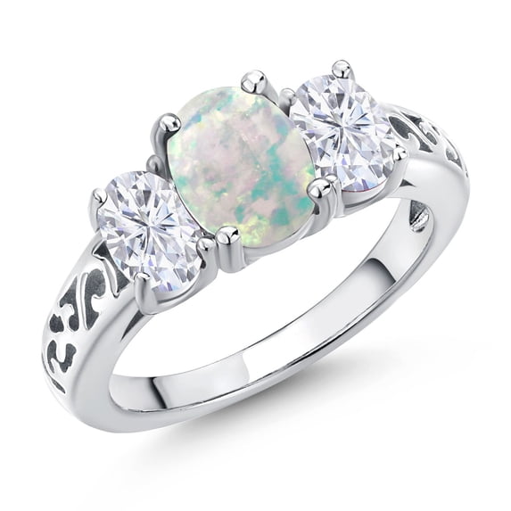 Gem Stone King 925 Sterling Silver White Opal and White Moissanite Filigree Style 3 Stone Ring for Women (2.00 Cttw, Oval 8X6MM and 6X4MM) (Size 5)