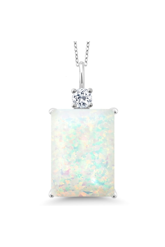 925 Sterling Silver White Opal and White Topaz Pendant Necklace for Women (4.99 Cttw, Emerald Cut Cabochon 18X13MM, With 18 inch Silver Chain)