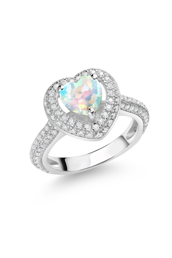 925 Sterling Silver White Opal and White Moissanite Heart Shape Ring for Women (1.37 Cttw, Size 8)