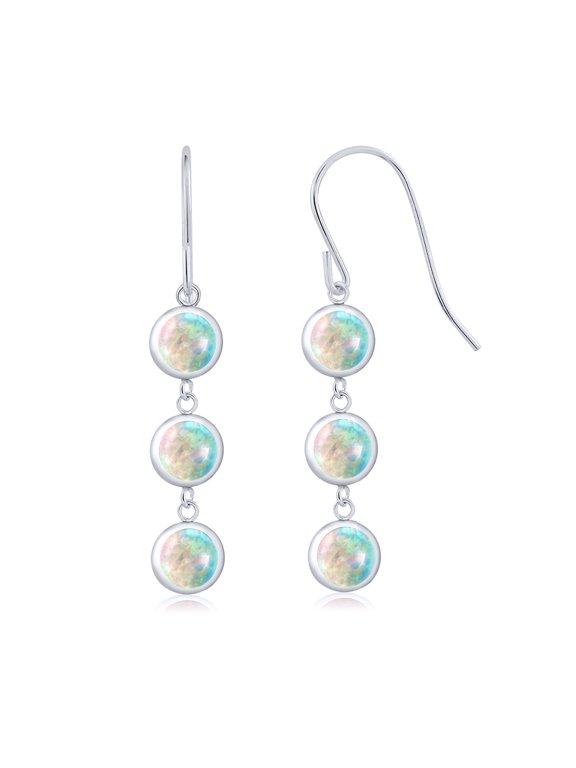 925 Sterling Silver White Simulated Opal 3 Stone French Wire Dangle Earrings for Women (3.00 Cttw, Gemstone October Birthstone, Round Cabochon 5MM)