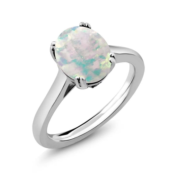 Gem Stone King 925 Sterling Silver White Simulated Opal and Black Diamond Women Solitaire Ring (2.03 Ct Oval Cabochon Cut, Available in Size 5, 6, 7, 8, 9)