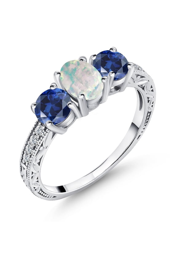 1.95 Cttw White Simulated Opal and Blue Created Sapphire Ring for Women | 925 Sterling Silver | Oval 7X5MM and Round 5MM | Gemstone Birthstone | Available in Size 5, 6, 7, 8, 9 | Size 9