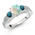 thumbnail image 1 of Gem Stone King 925 Sterling Silver White Simulated Opal Blue Diamond and White Moissanite Engagement Ring for Women (0.77 Cttw, Gemstone October Birthstone, Round Cabochon 6MM and 3MM, Size 7), 1 of 4