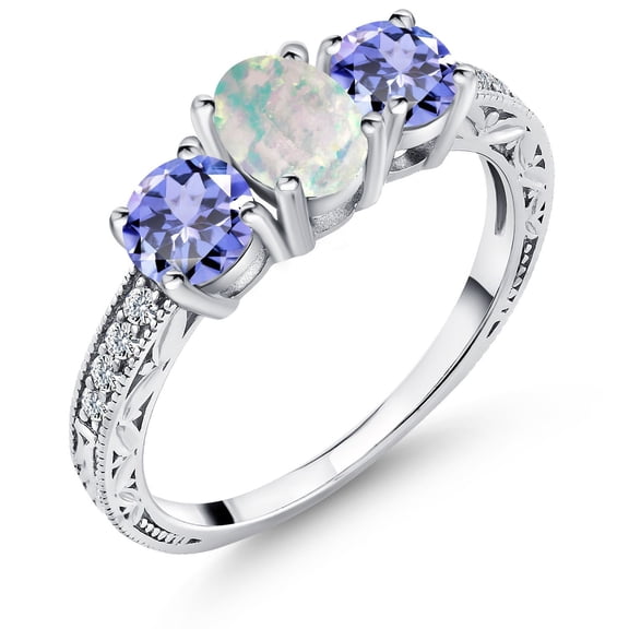 Gem Stone King 1.67 Cttw White Simulated Opal and Blue Tanzanite 3-Stone Engagement Ring for Women | 925 Sterling Silver | Oval Cabochon 7X5MM | Round 5MM | Size 6