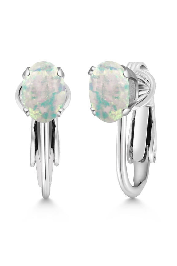 925 Sterling Silver White Simulated Opal Clip-On Earrings for Women (1.26 Ct Oval Cabochon 7X5MM)