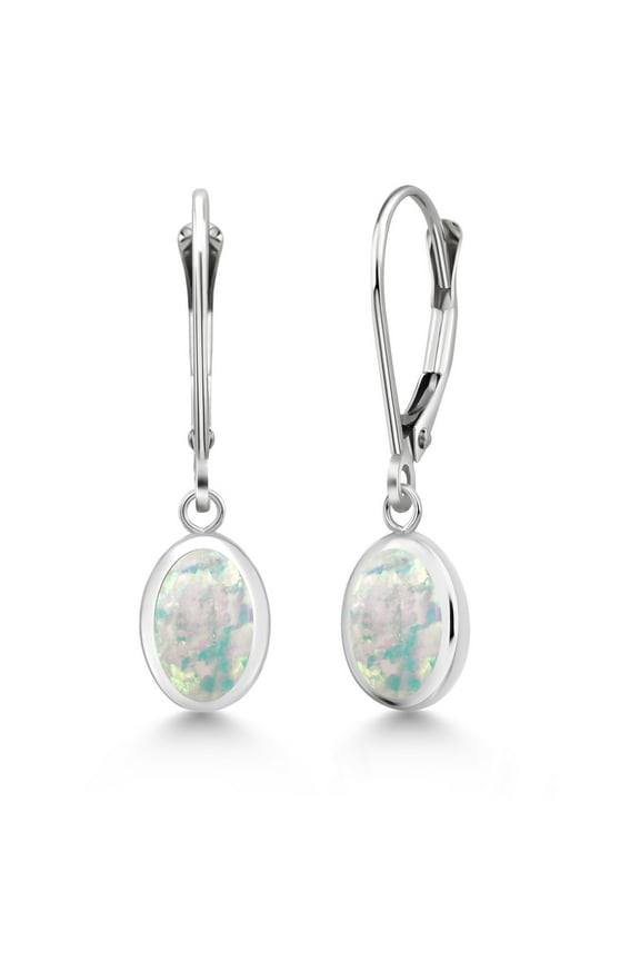 925 Sterling Silver White Simulated Opal Drop Dangle Leverback Earrings for Women (2.00 Cttw, Gemstone October Birthstone, Oval Cabochon 8X6MM)