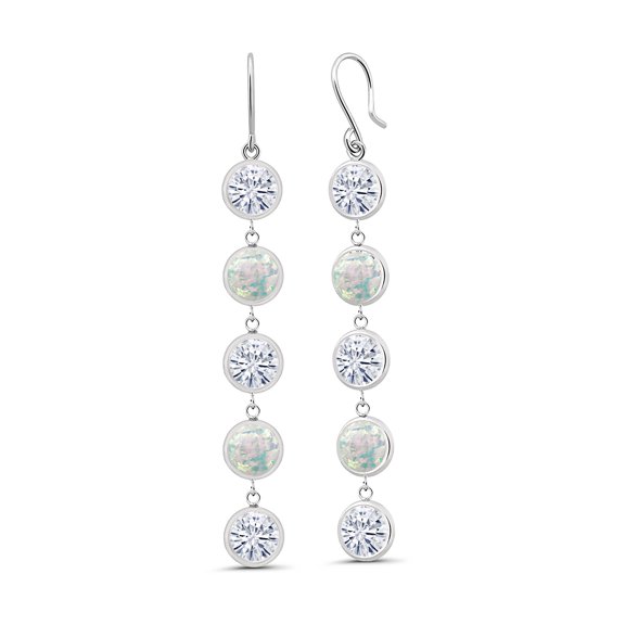 Gem Stone King 925 Sterling Silver White Simulated Opal Earrings Set with Moissanite (8.80 Cttw)