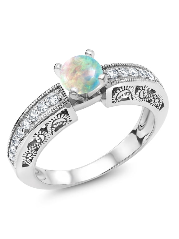 925 Sterling Silver White Simulated Opal Engagement Filigree Ring for Women (0.89 Cttw, Round Cabochon 6MM, Gemstone October Birthstone, Size 9)