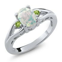 Gem Stone King 925 Sterling Silver White Simulated Opal and Green Peridot 3 Stone Engagement Ring for Women | 1.15 Cttw | Oval Cabochon 8X6MM | Round 2MM | Gemstone October Birthstone | Size 6