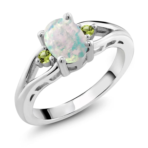 Gem Stone King 925 Sterling Silver White Simulated Opal and Green Peridot 3 Stone Engagement Ring for Women | 1.15 Cttw | Oval Cabochon 8X6MM | Round 2MM | Gemstone October Birthstone | Size 6