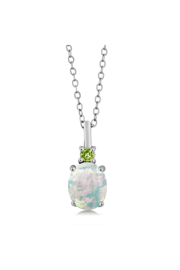 925 Sterling Silver White Simulated Opal and Green Peridot Pendant Necklace for Women (1.67 Cttw, Gemstone October Birthstone, Oval Cabochon 9X7MM, with 18 inch Silver Chain)